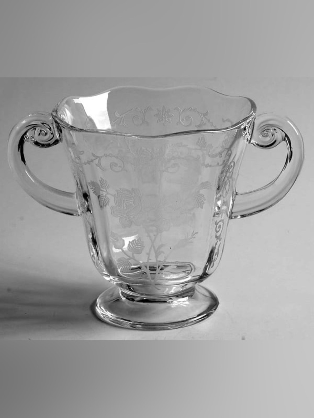 Vintage Fostoria Navarre  Clear Etched Glass Open Sugar Bowl with Double Handle